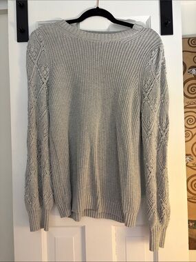 LOFT Light Gray Crewneck Sweater with Lace-Detail Sleeves